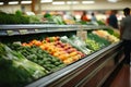 Blurred bright grocery store interior with out of focus shelves and colorful products