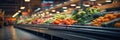 Blurred, bright interior of a spacious open grocery store with a wide variety of products