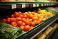 Blurred and bright out of focus interior of a bustling grocery store with colorful product displays