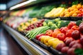 Blurred bright out of focus interior of a modern grocery store with vibrant bokeh lights