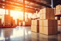 Blurred business background Blurry warehouse on soft bokeh background Transporting product boxes.by Generative AI