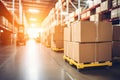 Blurred business background Blurry warehouse on soft bokeh background Transporting product boxes.by Generative AI