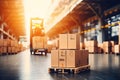 Blurred business background Blurry warehouse on soft bokeh background Transporting product boxes.by Generative AI