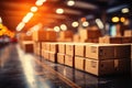 Blurred business background Blurry warehouse on soft bokeh background Transporting product boxes.by Generative AI