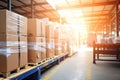 Blurred business background Blurry warehouse on soft bokeh background Transporting product boxes.by Generative AI