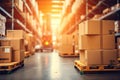 Blurred business background Blurry warehouse on soft bokeh background Transporting product boxes.by Generative AI