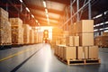 Blurred business background Blurry warehouse on soft bokeh background Transporting product boxes.by Generative AI