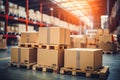 Blurred business background Blurry warehouse on soft bokeh background Transporting product boxes.by Generative AI