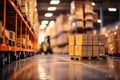 Blurred business background Blurry warehouse on soft bokeh background Transporting product boxes.by Generative AI
