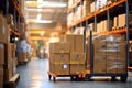 Blurred business background Blurry warehouse on soft bokeh background Transporting product boxes.by Generative AI