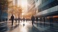 Blurred business people walking in the city scape. Generative AI Royalty Free Stock Photo