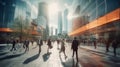 Blurred business people walking in the city scape. Generative AI Royalty Free Stock Photo