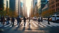 Blurred business people walking in the city scape. Generative AI Royalty Free Stock Photo