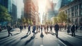 Blurred business people walking in the city scape. Generative AI Royalty Free Stock Photo
