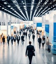 Blurred business people walking at a large trade fair