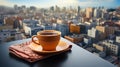 blurred busy city background looked from the window a cup of tea on the wooden table.generative ai