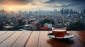 blurred busy city background looked from the window a cup of tea on the wooden table.generative ai