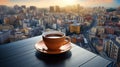 blurred busy city background looked from the window a cup of tea on the wooden table.generative ai