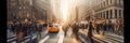 Blurred Busy street scene with crowds of people walking across an intersection in New York City. Generative Ai