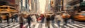 Blurred Busy street scene with crowds of people walking across an intersection in New York City. Generative Ai