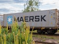 Blurred cargo train wagon in background and green bush in front of it