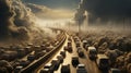 Blurred of cars on the road heading towards the goal of the trip. During the daytime rush traffic. There is a level bridge on the Royalty Free Stock Photo