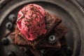 Blurred chocolate brownie with blueberry and ice cream on the vintage plate Royalty Free Stock Photo