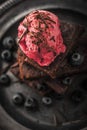 Blurred chocolate brownie with blueberry and ice cream on the vintage plate vertical Royalty Free Stock Photo