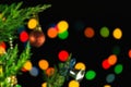 Blurred Christmas background. Chirstmas ornament hanging on pine tree branches. New year and Christmas decoration