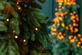 Blurred christmas background, christmas tree and magic bokeh lights in the background. copy space Royalty Free Stock Photo