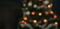 Blurred Christmas background. Defocused decorated illuminated Christmas tree with colorful bokeh lights in dark room