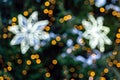 Blurred Christmas background. Christmas tree and lots of glowing lghts bulb out of focus