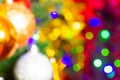 Blurred Christmas toys on the Christmas tree on the colorful lighting background. Beautiful glass Christmas decorations. Bright Royalty Free Stock Photo