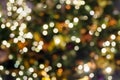 Blurred Christmas tree with golden garland and balls in night. Abstract pattern. Xmas