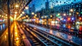 Blurred City Lights Reflected in Water Droplets on a Night Train Window A Macro Perspective of Urban Commute Royalty Free Stock Photo