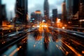 Blurred city skyline illuminated with lights and dynamic digital data streams