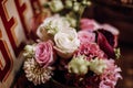 Blurred close up photo of beautiful bouquet of white and pink roses.