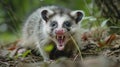 A blurred closeup of an opossums long snout revealing sharp teeth and a pink nose as it sniffs the ground for food Royalty Free Stock Photo