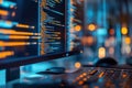 Blurred coding workspace with screens and code Royalty Free Stock Photo