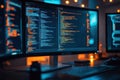 Blurred coding workspace with screens and code Royalty Free Stock Photo