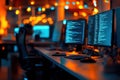 Blurred coding workspace with screens and code Royalty Free Stock Photo