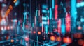 Blurred, colorful graph depicting fluctuating stock market data in a futuristic, digital visualization with glowing elements