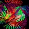 Blurred colorful rays come out of the centers and intersect on a black background. Abstract fractal background. 3d