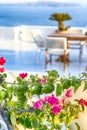 Blurred Contours of Romantic Open Air Cosy Terrace Restaurant in Beautiful Oia Village on Santorini Island in Greece Before the Royalty Free Stock Photo