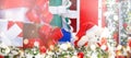 Blurred creative christmas background with christmas decoration and Teddy Bear