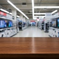 A blurred electronics store interior with displays of televisions receding into the background, contrasted with a clear dark wood Royalty Free Stock Photo