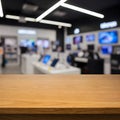 A blurred electronics store interior with a wooden tabletop in the foreground, creating a template-like composition Royalty Free Stock Photo
