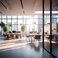 Blurred empty open space office. Abstract light bokeh at office interior