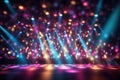 blurred empty theater stage with fun colourful spotlights, abstract image of concert lighting illumination background Royalty Free Stock Photo