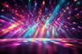 blurred empty theater stage with fun colourful spotlights, abstract image of concert lighting illumination background. Royalty Free Stock Photo